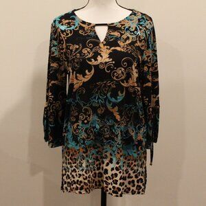 Chico's Gold/Black/Blue Swirl Leopard Print Top NWT Size Medium